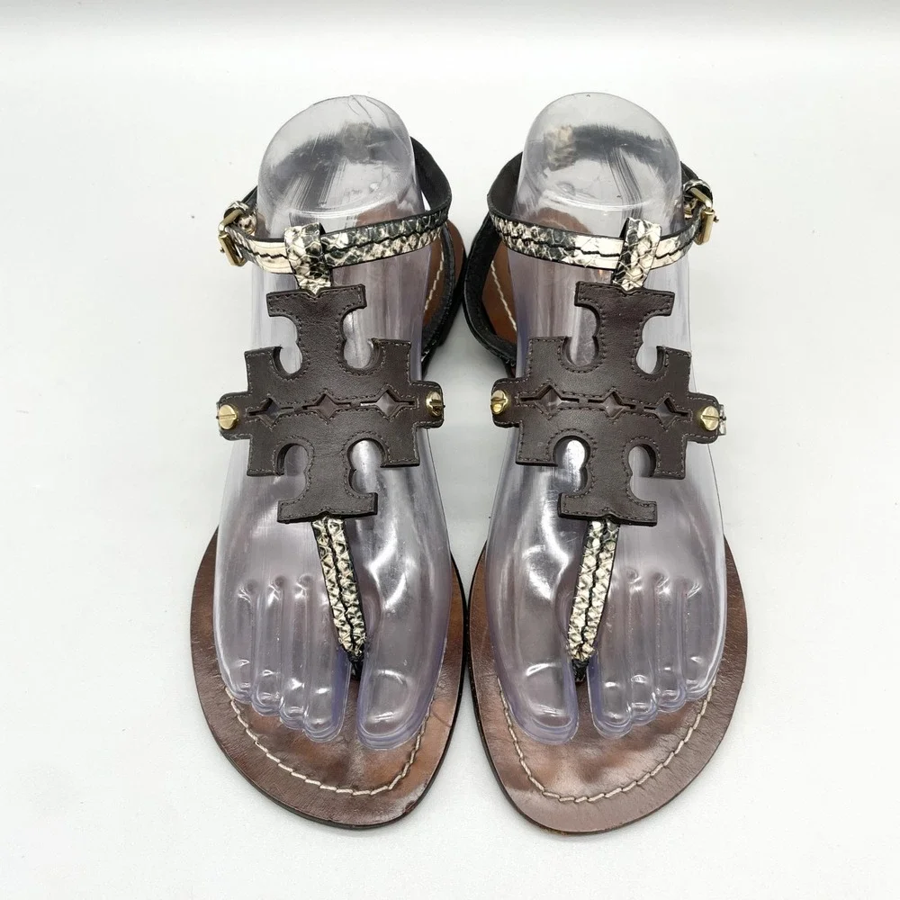 Tory Burch Womens 8M Miller Thong Sandals Brown Snakeskin Leather Flat Preppy